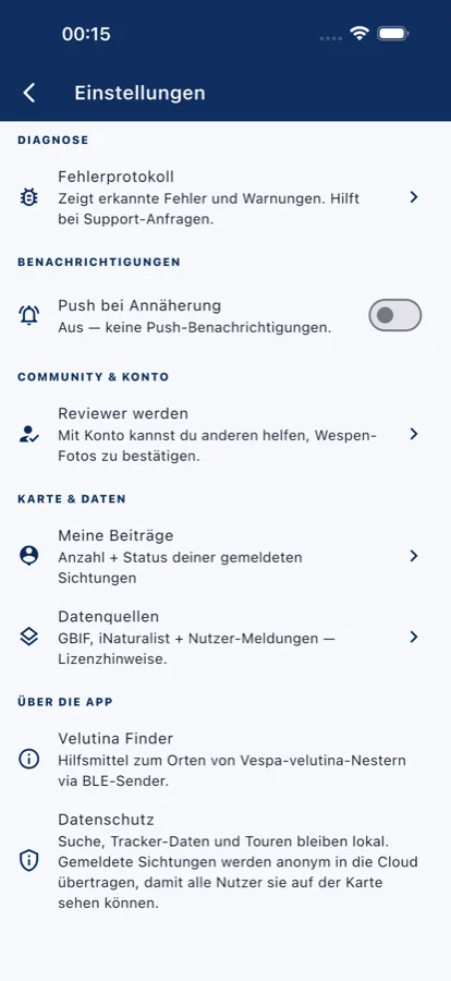 Einstellungsbereich mit Benachrichtigungen, Reviewer-Funktion und Datenquellen