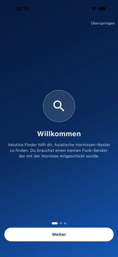 Willkommensbildschirm der App beim ersten Start